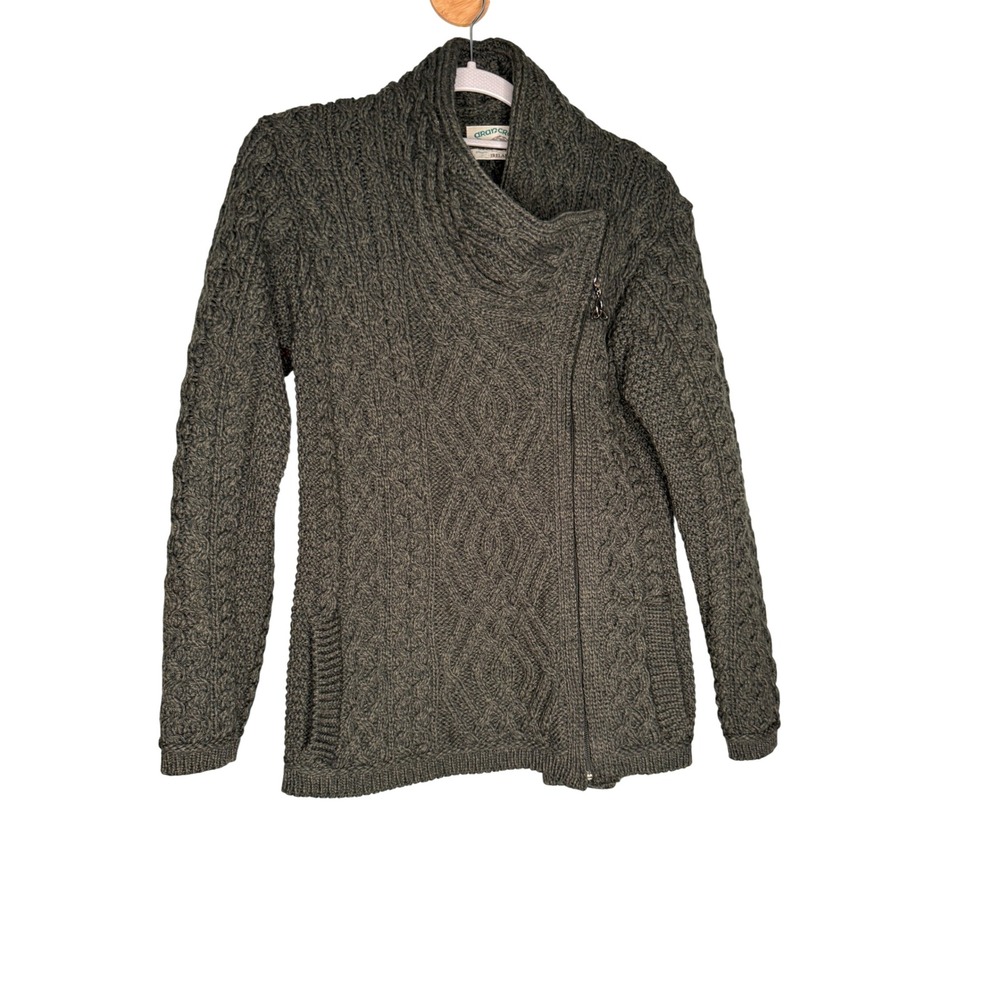 Aran Crafts Ireland Merino Wool Asymmetrical Zip Cable Knit Cardigan Green XS